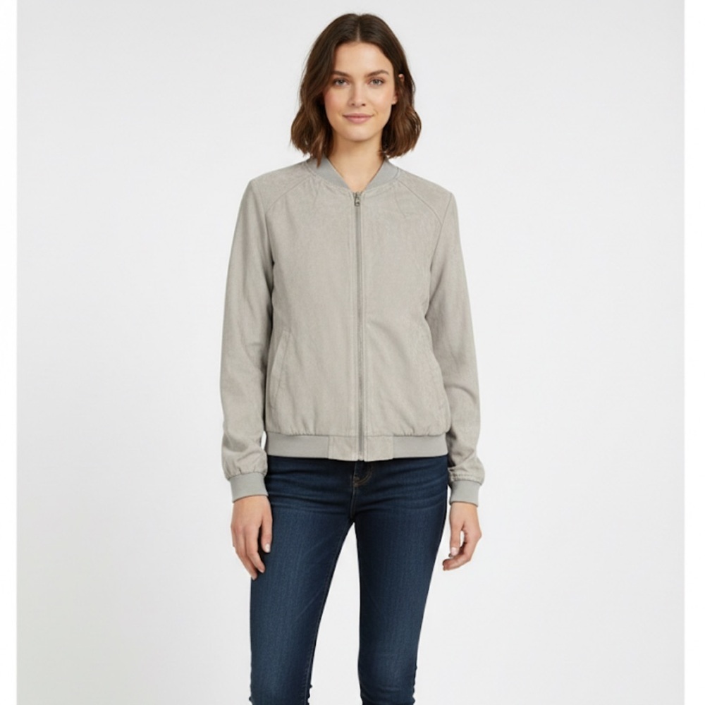 Be Cool Suede-Feel Full Zip Bomber Jacket Taupe color large